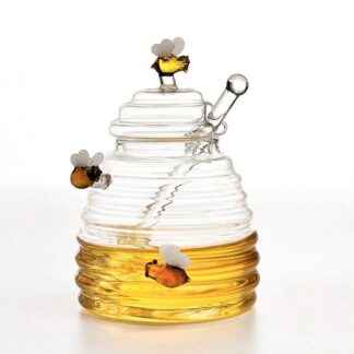Glass Honey Jar with Dipper and Lid Honey Bee Pot
